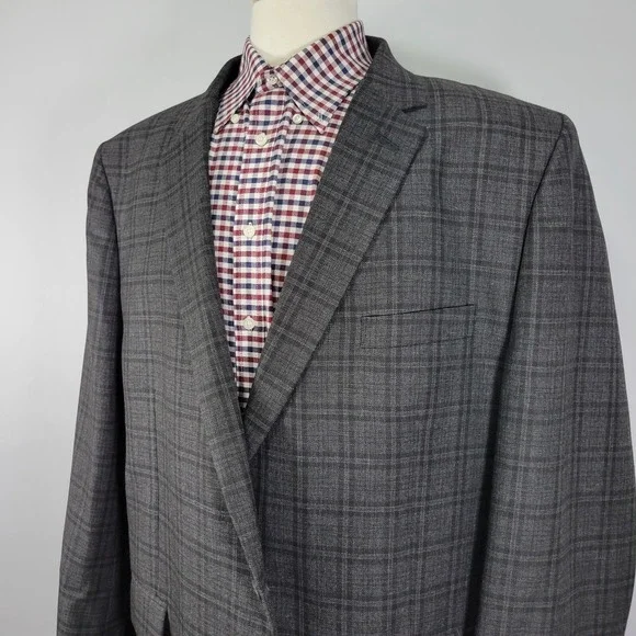 Haggar Mens Sport Coat Blazer Two Button Charcoal Gray Plaid Polyester blend 52L